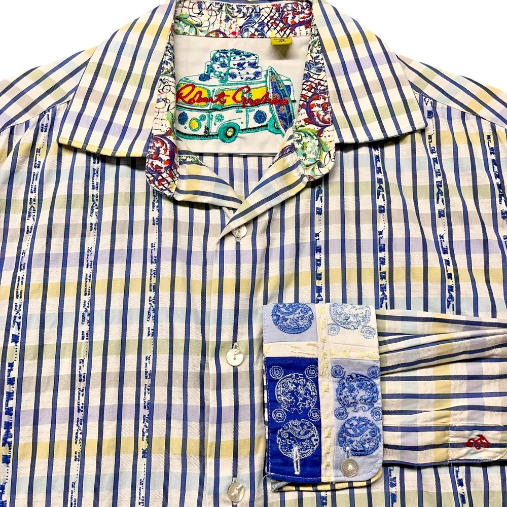 Robert Graham Tailored Fit Shirt Mens M Multicolor Striped Embroidered Flip Cuff
